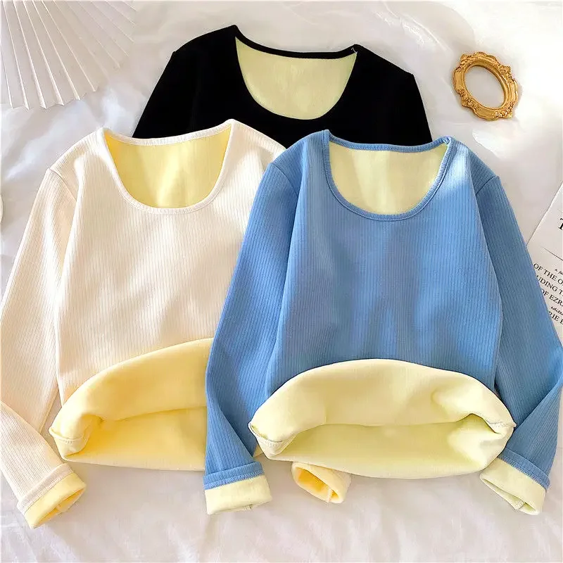 

Зимняя нижняя рубашка, женская флисовая утолщенная рубашка с длинными рукавами, облегающий вязаный теплый топ с круглым вырезом, женский можно носить на улице