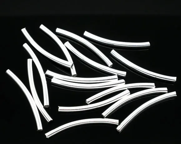 

100Pcs Tube Spacer Bead Copper Charms Silver Plated Smooth Curve Jewelry DIY Finding Component 2.5x30mm