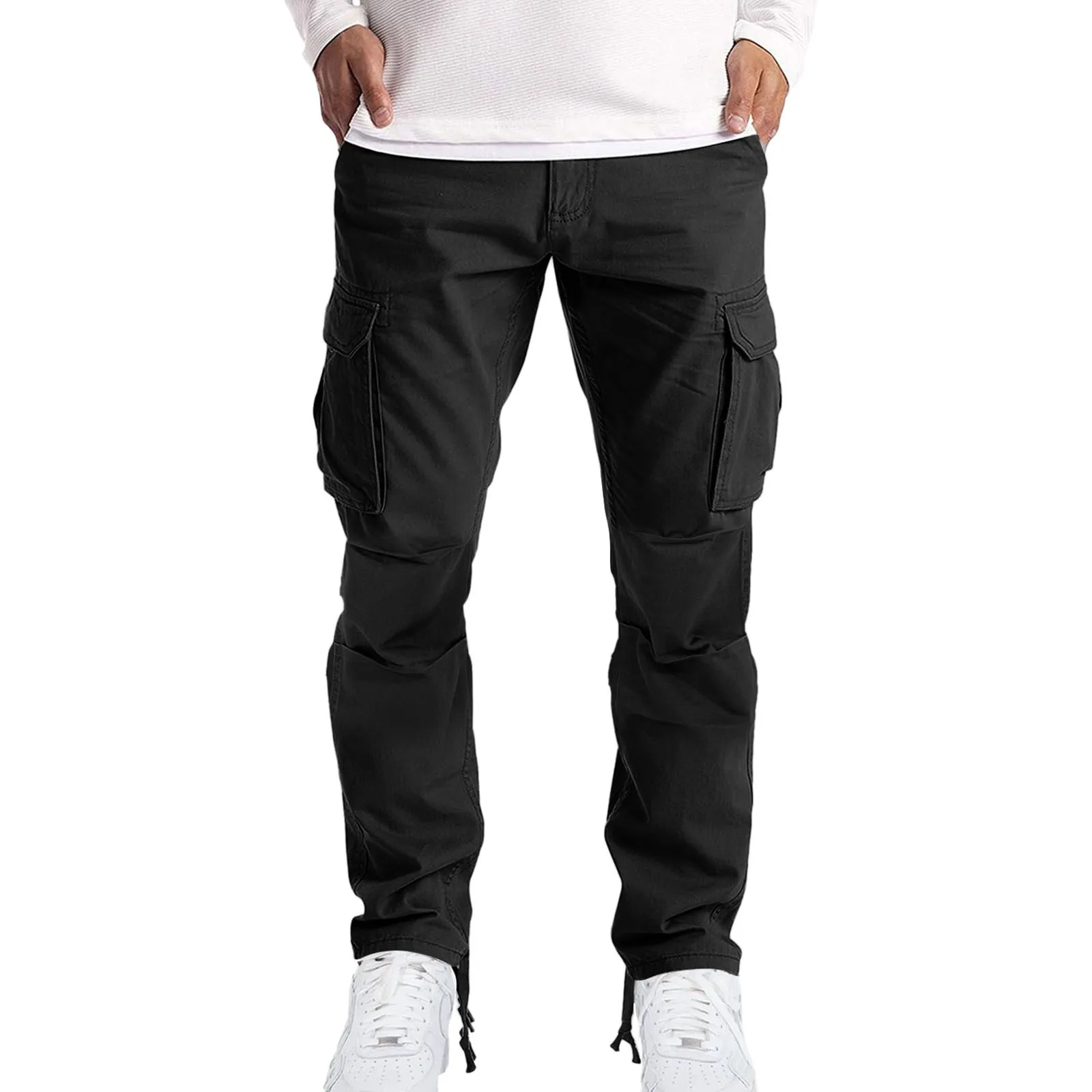 

Men Trousers Four Seasons Street Casual Sports Elastic Waist Solid Color Pocket Straight Leg Tube Zipper Drawstring Cargo Pants