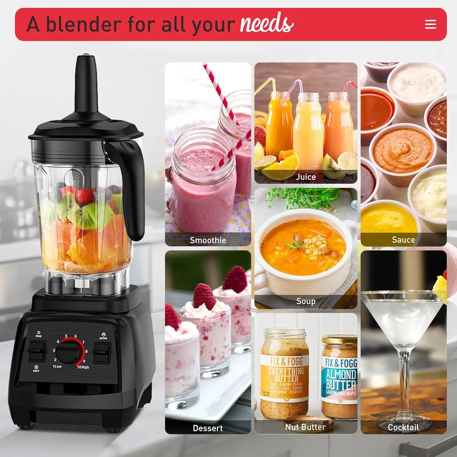 خلاط عصير، عصارة خلاط احترافية بقدرة 1800 وات لسطح المطبخ مع 10 سرعات، كسارة ثلج خالية من مادة BPA سعة 68 أونصة أو عصير