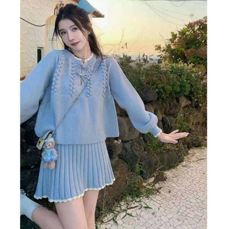 Korejpaa French Retro Sweater Skirt Sets 2024 Autumn Contrast Color Bow O Neck Knitted Pull Femme+pleated Skirts Women Clothing