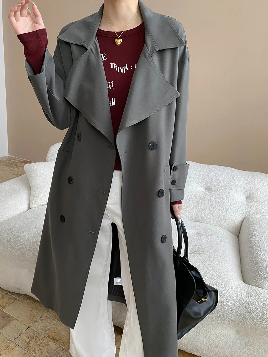 

British Style High-End Collar Double-Breasted Tie Waist Slimming Long Trench Coat