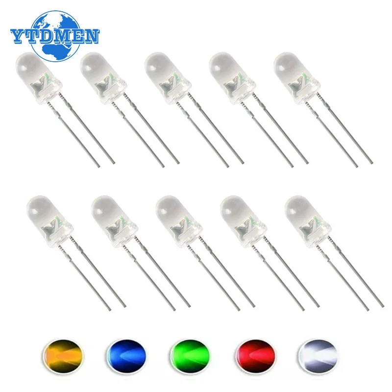 50/100pcs 5mm LED Diode F5 Clear Bright Multicolor LED Light Emitting Diodes Assortment Kit Red/Green/Blue/Yellow/White/Orange