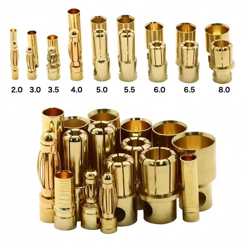 10 pairs 2.0mm 3.0mm 3.5mm 4.0mm 5.5mm 6.0mm 8.0MM Gold Bullet Banana Connector plug for ESC Lipo RC battery Plugs