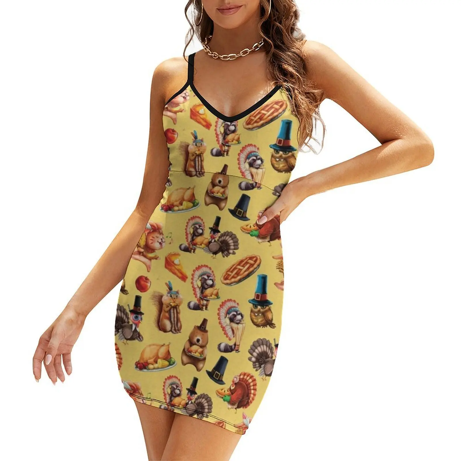 

Thanksgiving Print Turkey Animals Autumn Sling Dress summer dress korean women clothes for women women's clothing korea stylish