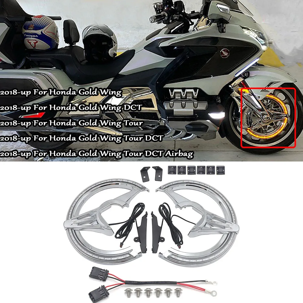 For Honda GL1800 Goldwing 1800 2018-2021 Motorcycle Brake Disc Rotor Covers Chrome With Yellow LED Ring Light Accessories