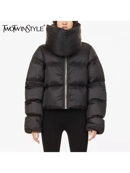 TWOTWINSTYLE Solide Patchwork Schal Baumwolle Mäntel Für Frauen Stehen Kragen Langarm Minimalistischen Casual Warme Mantel Weibliche Neue Winter