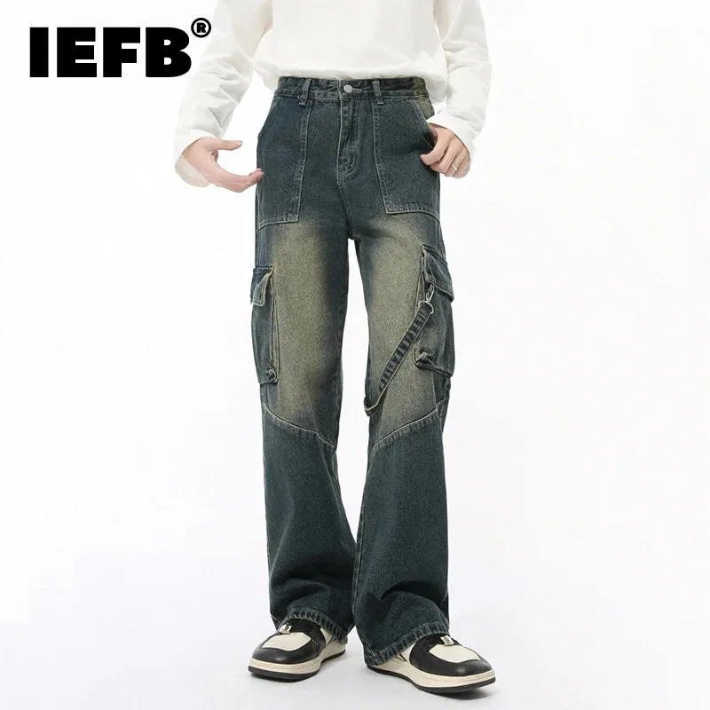 IEFB Korean Style Men's Jeans Worn-out Big Pockets Strap Patchwork Deconstruction Loose Straight Leg Male Denim Pants 9C7965