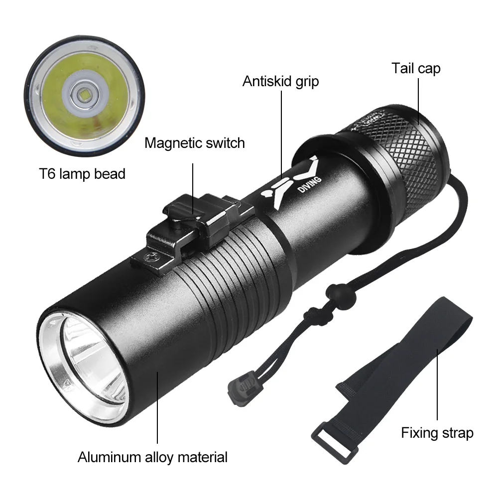 The new diving flashlight magnetic switch professional diving portable 18650AAA 26650 aluminum diving flashlight With hand rope