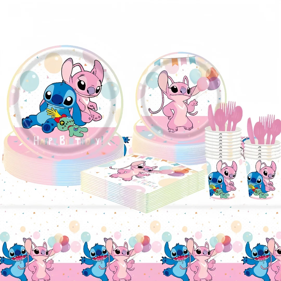 【セール中】新しいピンクリロとスティッチエンジェル誕生日パーティーの装飾使い捨て食器ナプキンテーブルクロスバルーンベビーシャワーのサプライギフト