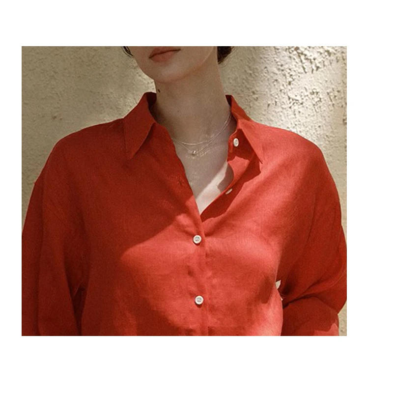 Camicia a maniche lunghe da donna in lino 100% Lino naturale rosso Allentato Top casual taglie forti per giochi all'aperto Comodo sudore da polso fresco