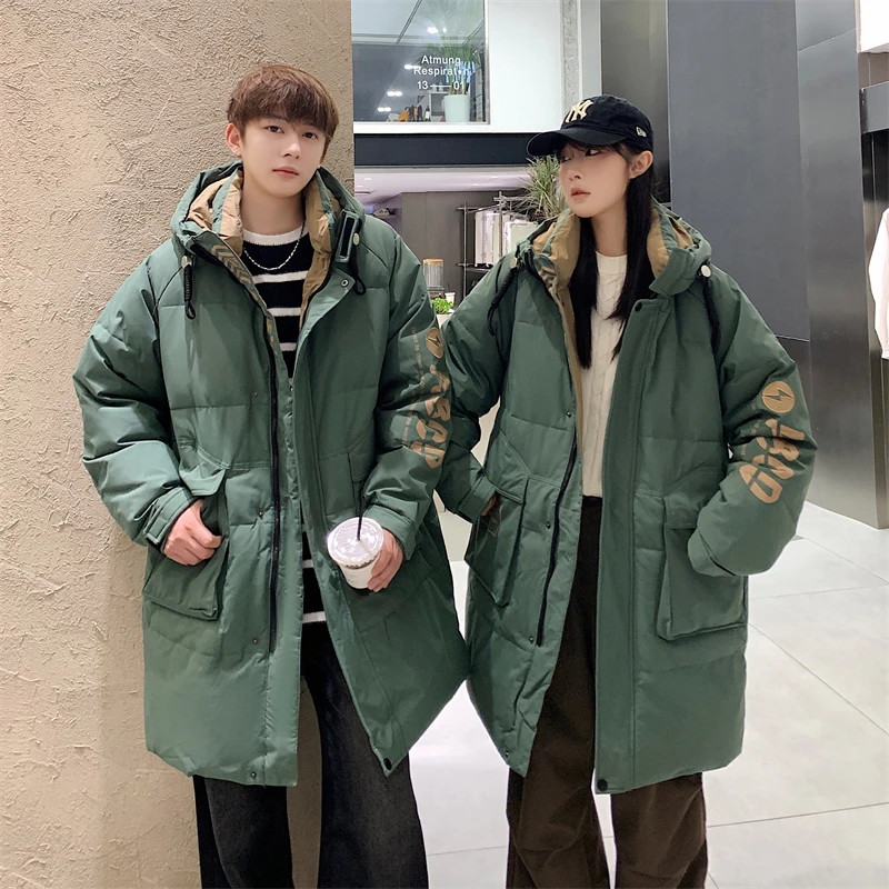 Men's down jacket, white duck down filling, autumn and winter solid color hooded medium-length thickened casual warm jacket