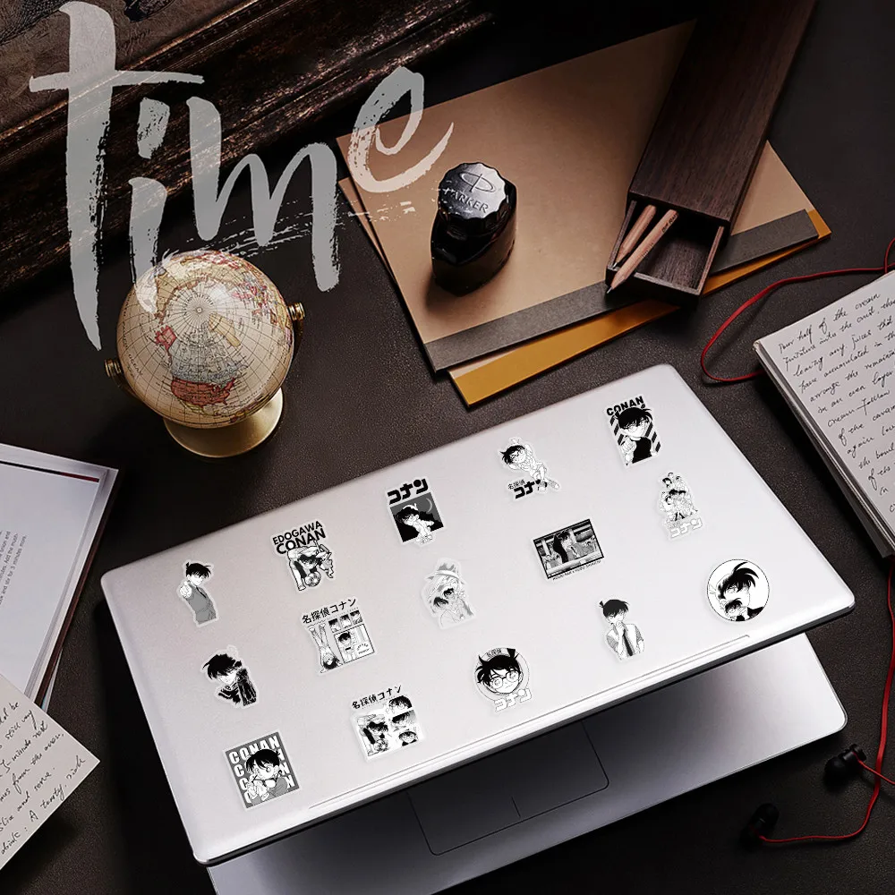 مجموعة ملصقات مكونة من 62 قطعة من المحقق كونان باللونين الأبيض والأسود - شارات الرسوم المتحركة الغامضة للهاتف والكمبيوتر المحمول