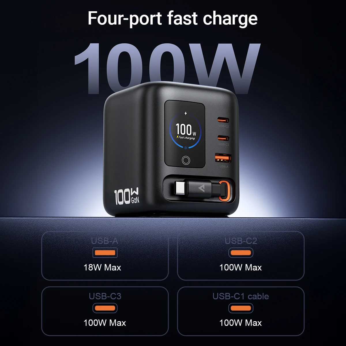 Szybka ładowarka ACEFAST 100W GaN z inteligentnym wyświetlaczem TFT, stacja ładująca na biurko z wysuwanym kablem USB C do iPhone 17 — zdjęcie produktu 4