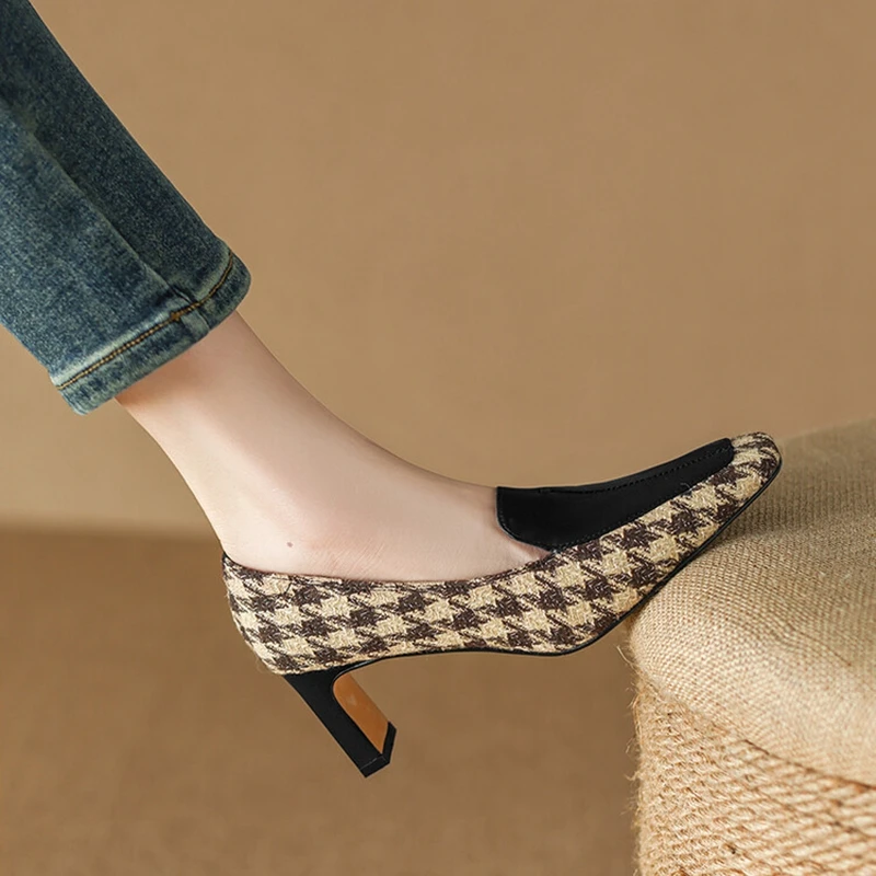 

2023 Spring Women Loafers Square Toe High heels Cotton Fabric Chunky Heel Women Pumps Retro LatticeSplit Leather Shoes for Women