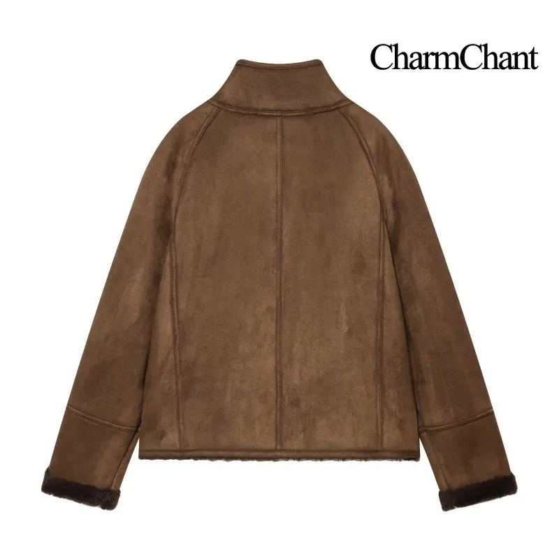 CHARMCHANT Women's Denim Jacket Contrast Stitch Snap Button Cropped Jeans Coat Red Heart Patch Back Autumn 2026