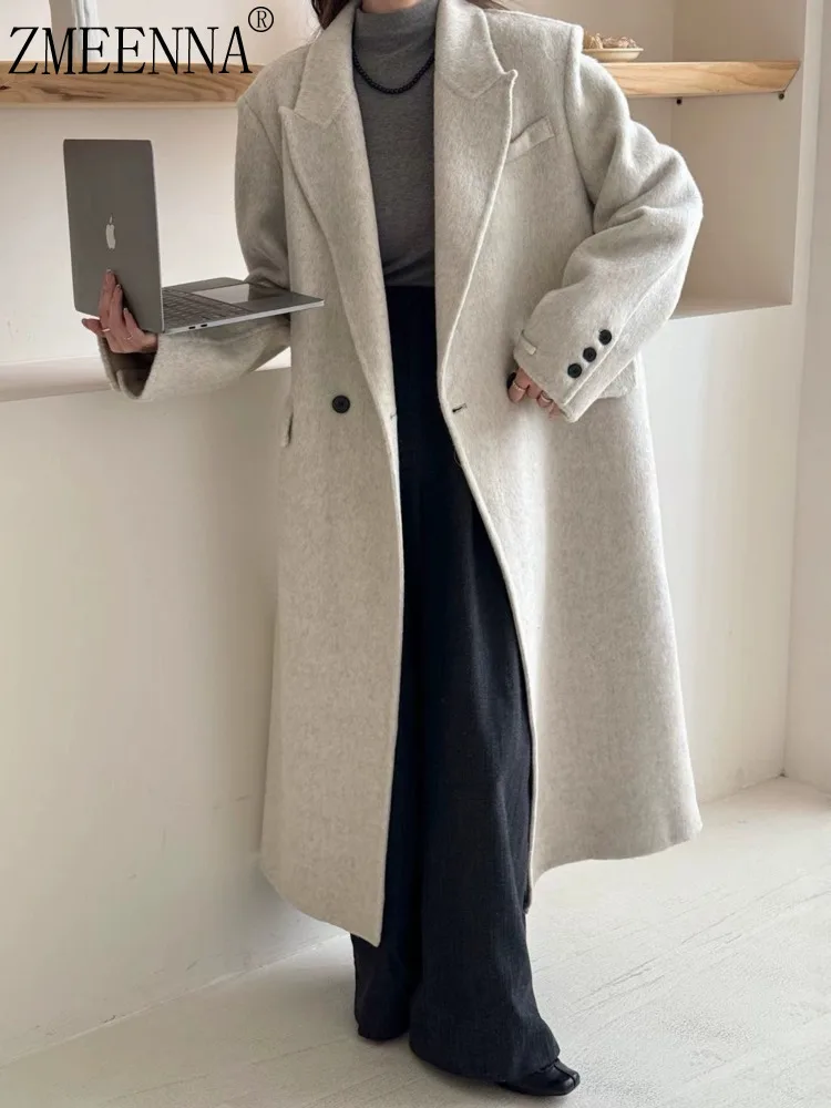 

ZMEENNA Womens Classic Oversized Wool Blend Long Coat With Notched Lapels Design And One Button Closure ZM3670