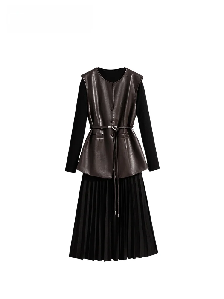 

Faionable plus Size Women's Long Sve Dr And Vest Set Autumn Winter Casual High Waist Leather Fabric Belted A-Line Skirt
