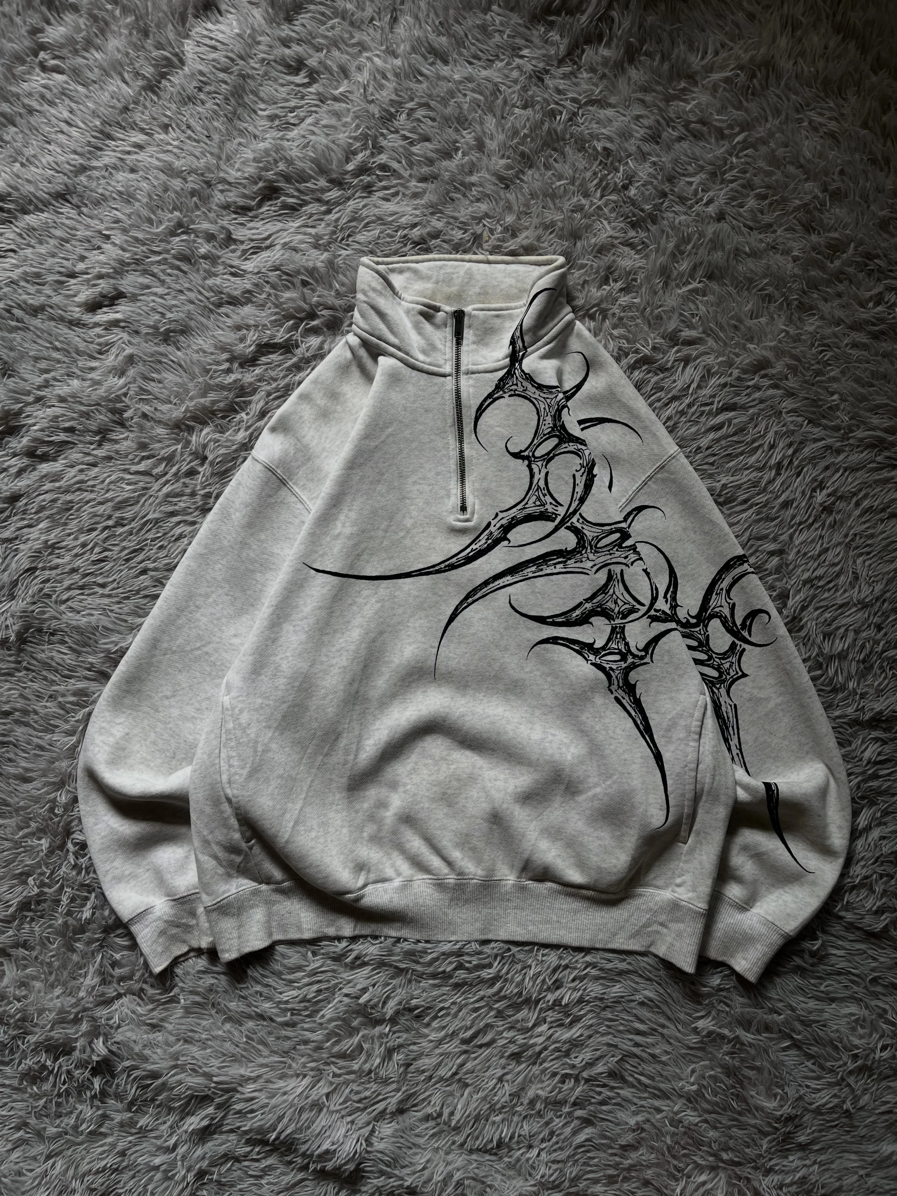 

Streetwear Retro Quarterzip Pullover Hoodie Y2K Gothic Print Sweatshirt American Casual Unisex Oversized Coat Men Clothing