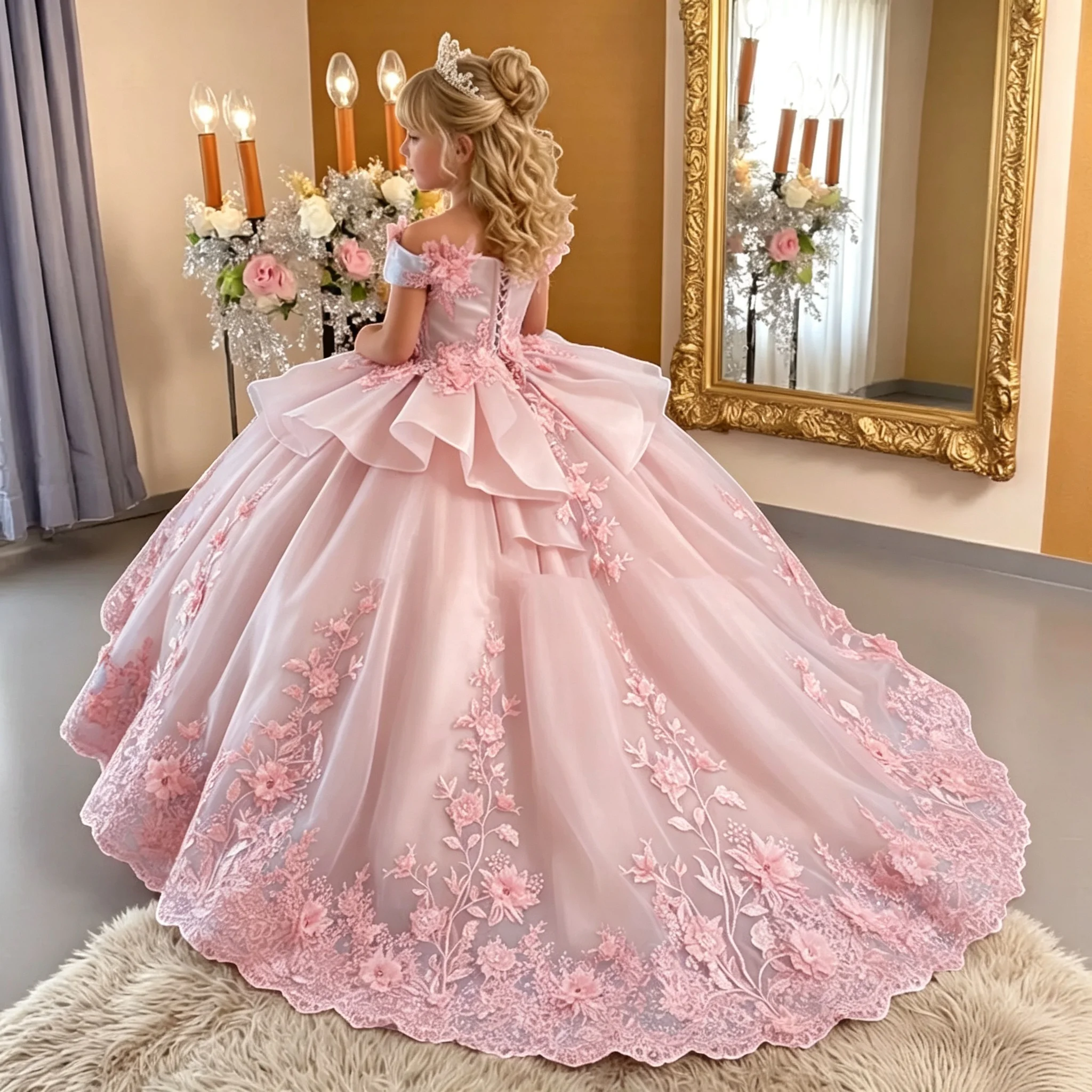 Tulle Tiered Flower Girl Dress for Wedding Kids Off the Shoulder Ball Gown Appliques Birthday 2026 First Communion Dress Custom