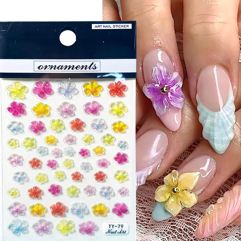 Colorful Jelly Flower Petals Nail Stickers Embossed Floral Adhesive Decals Macaron Color Blossom Acrylic Nail Sliders Decoration