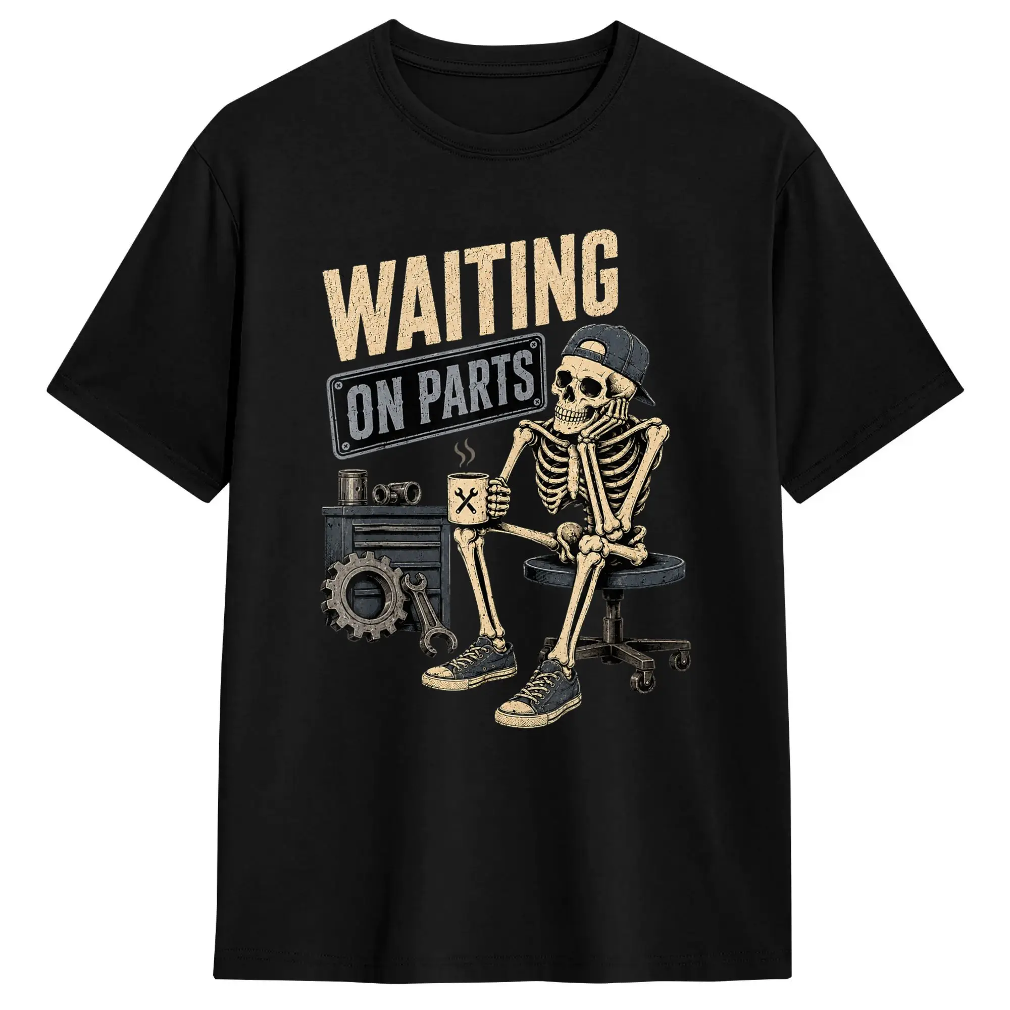 Humor Funny Waiting On Parts Mechanic Skeleton Auto Repair Life T-Shirts Men Round Collar Cotton T Shirt  Short Sleeve Tee Shirt