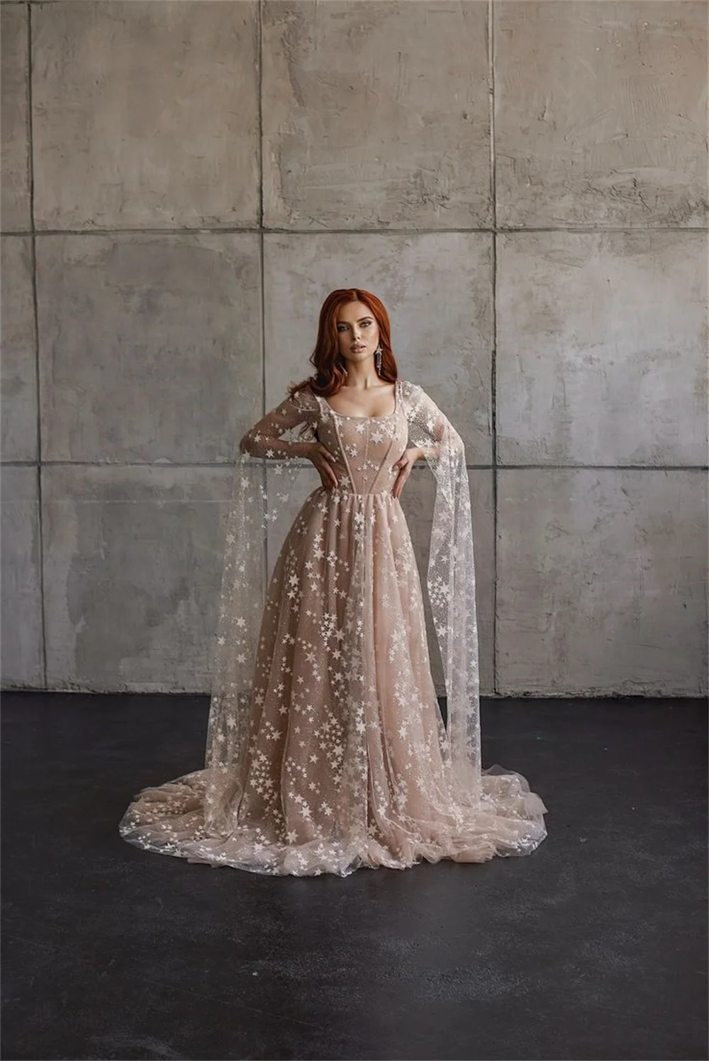 Sansa Mysterious Cape Sleeve فساتين السهرة Princess Prom Dress Star A-line فساتين سهره فاخره Champagne Sweep Vestidos De Noche