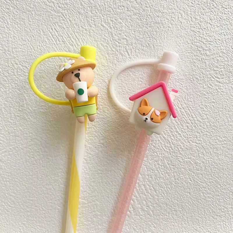 1PC Cute Bear Silicone Straw Cover For 7-8mm Food Grade Silicone Dust-proof Heat-resistant Straw Plug Cap Sippy Cup Accessories