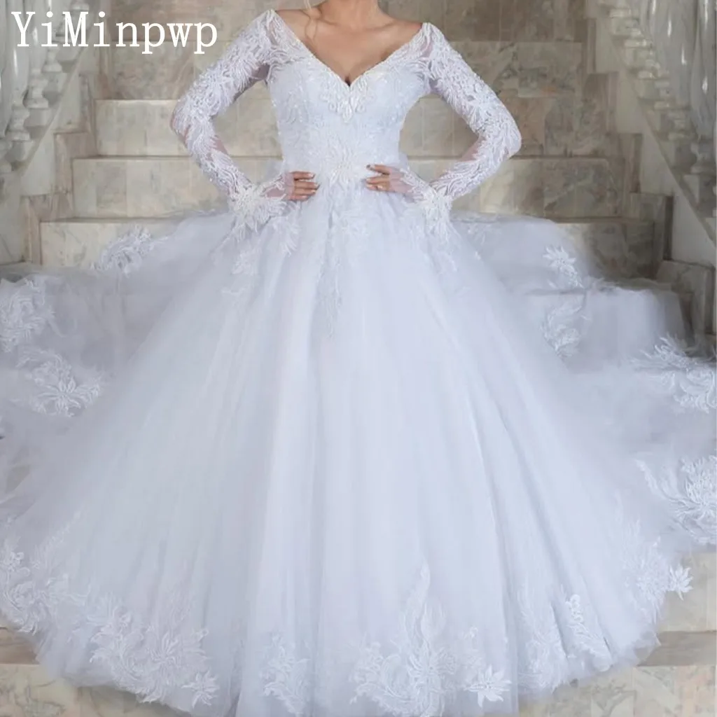 

New Wedding Dresses Bride V Neck Long Flare Sleeve Lace Appliques Sequined Beading Tulle Bridal Gown Customized robe de mariée