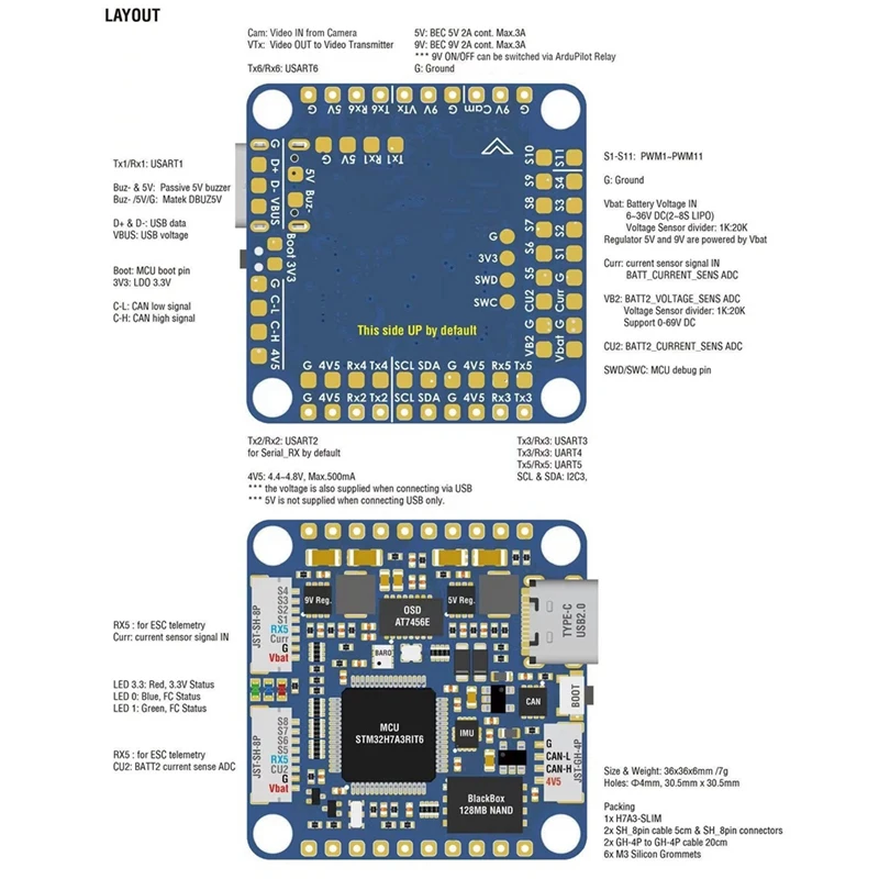 H7A3-SLIM Flight Controller STM32H7A3RIT6 Built-In Baro OSD Blackbox 2-8S Lipo For X8 Drone RC FPV Racing Drone