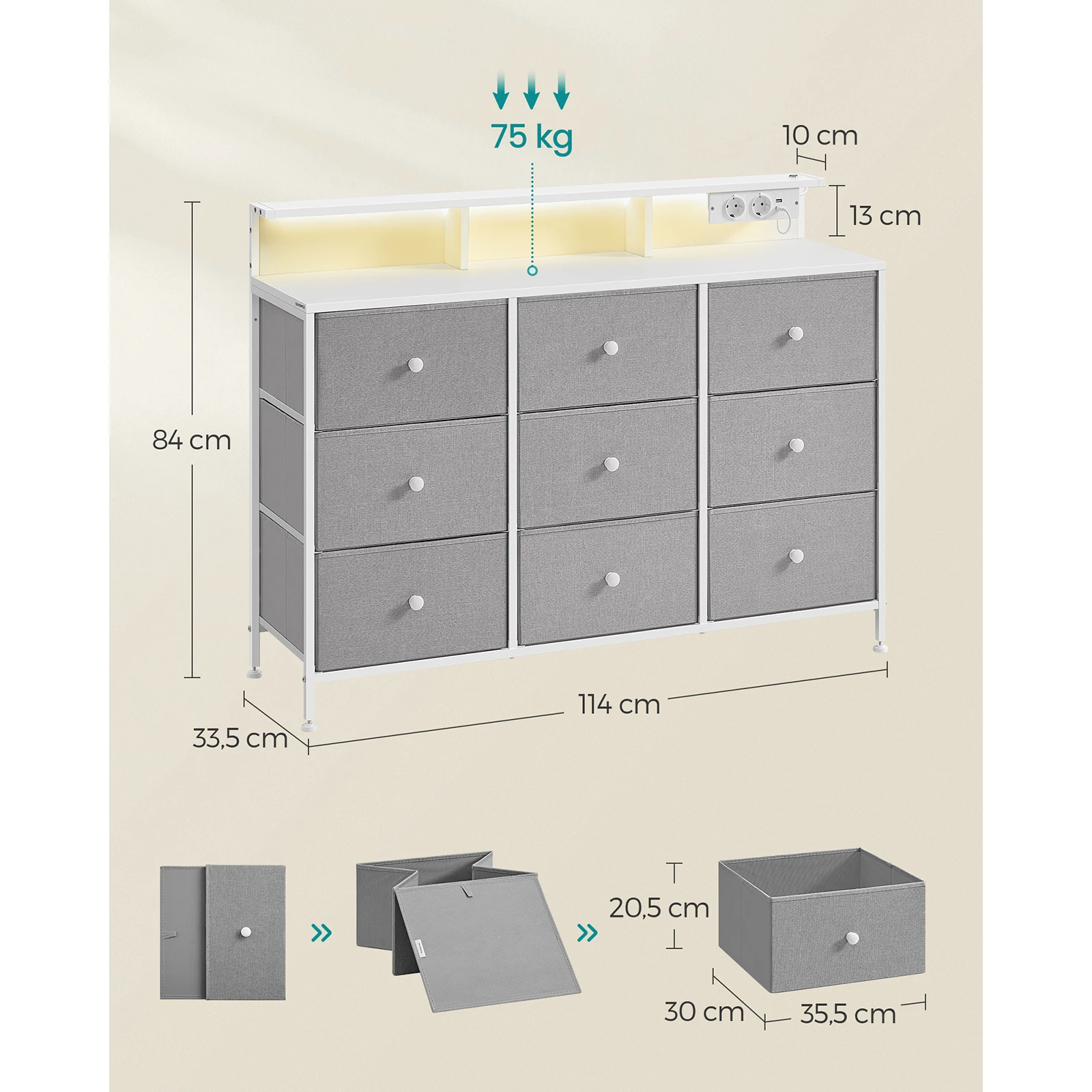 Commode, Meuble de Rangement avec 9 Tiroirs et Éclairage LED, Multiprise, 33,5 x 114 x 84 cm, Gris