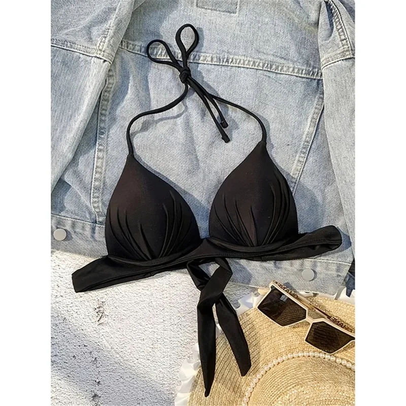 

Sexy Push Up Bra Cup Bikini Top Women Solid Color Halter Triangle Bandage Backless Bra Swimwear Hot Springs Beach Top Swimsuit