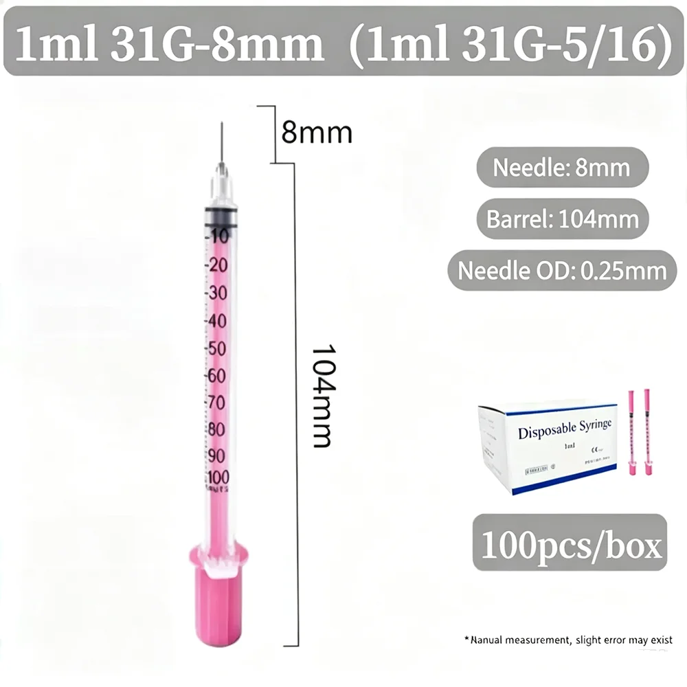 1ml 31G (6mm) Einweg-Veterinärspritze aus rosa Kunststoff, sterile Insulinspritze, ausgestattet mit einem rosa Kappe und Nadel, geeignet für den Einsatz bei Haustieren, Nutztieren und in Laboren. – Detail 5