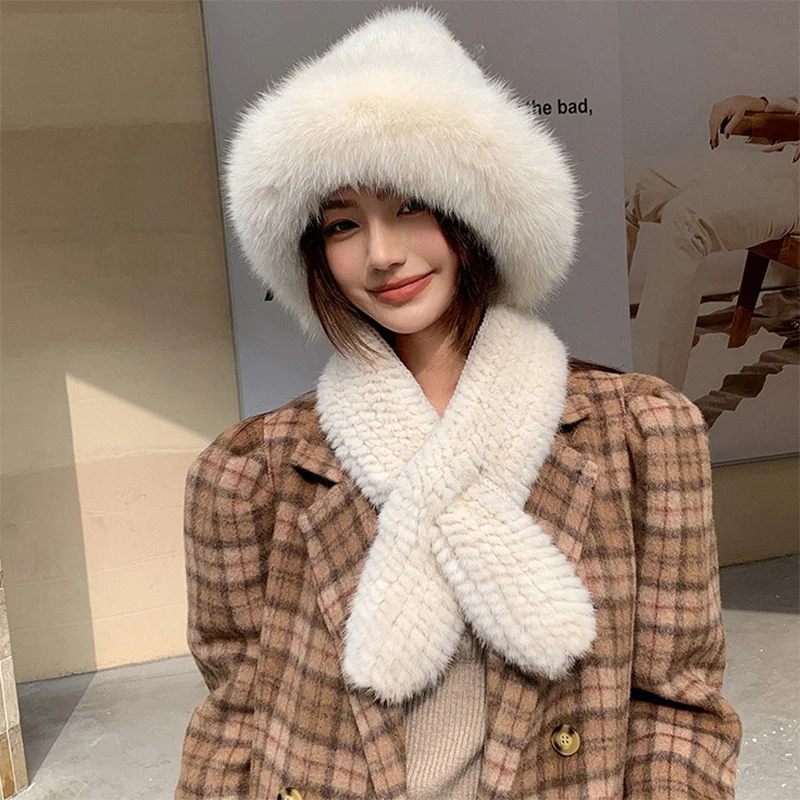 

New Women's Korean Scarf Hat Natural Mink Hair Fashion Warm Hat Winter Thickened Outdoor Windproof Casual Elastic Hat 2023