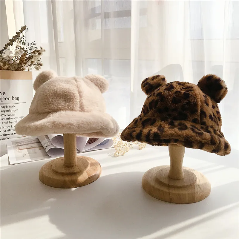 Korean Winter Baby Plush Bucket Hat Solid Faux Fur Warm Kids Fisherman Cap Cute Cartoon Leopard Print Warm Toddler  Hat for Kids