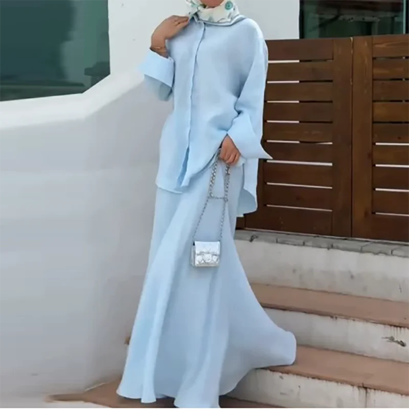 

Повседневные однотонные рубашки с длинными рукавами и полуюбки, модные простые женские комплекты из 2 предметов, элегантные осенние новые свободные наряды