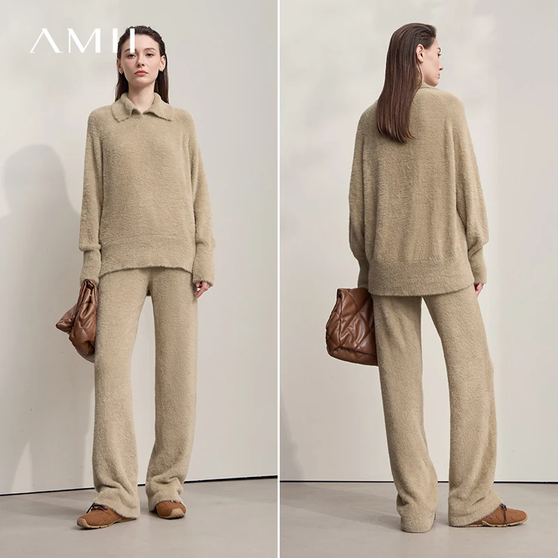 

AMII Long Sleeve Tops 2025 Autumn New Minimalist Loose Solid Casual Warm Sweater Straight Wide-leg Trousers For Woman12553048