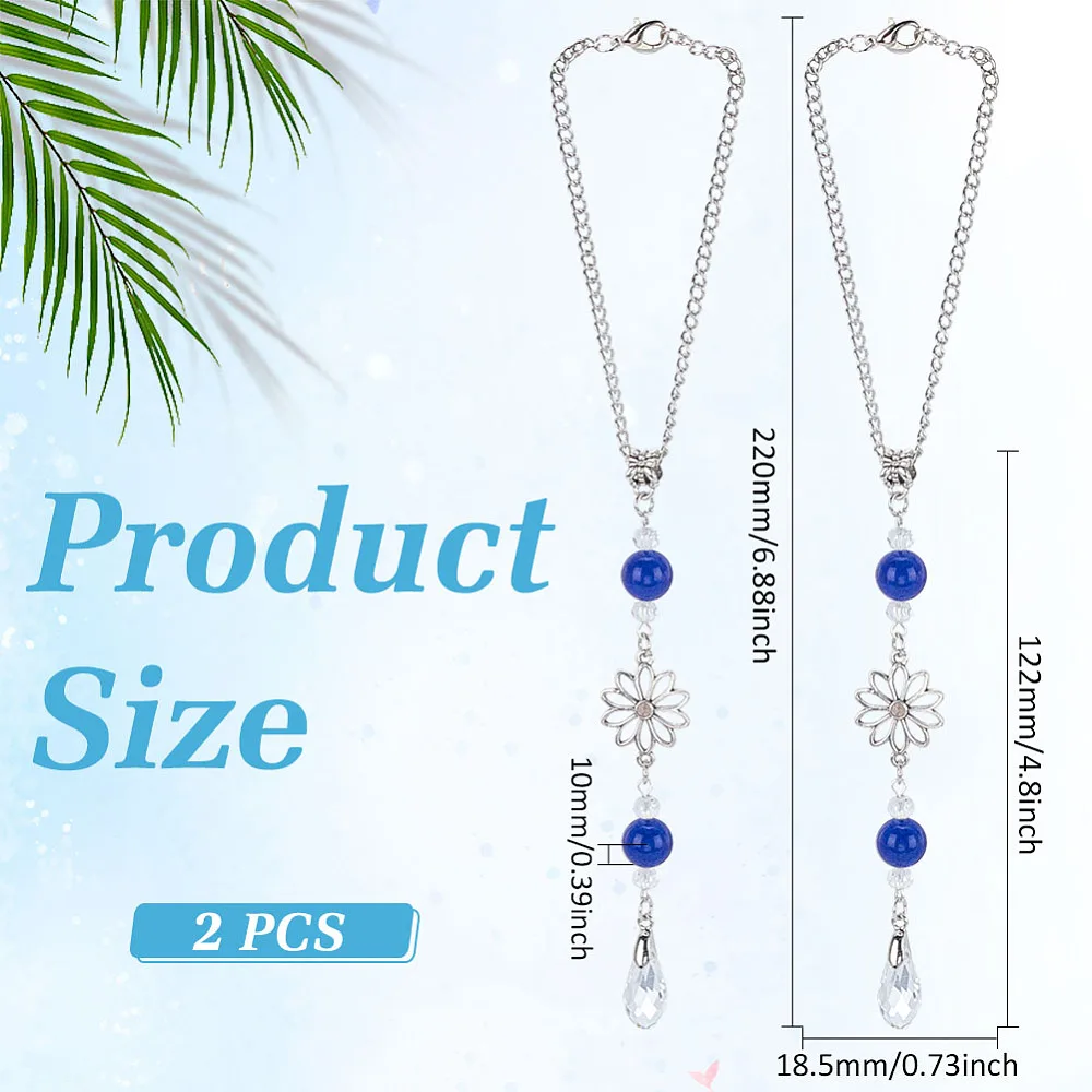 2Pcs Flower Hanging Decor Alloy Blue Flower Hanging Car Charm Glass Teardrop Rear View Mirror Accessories Boho Accessories
