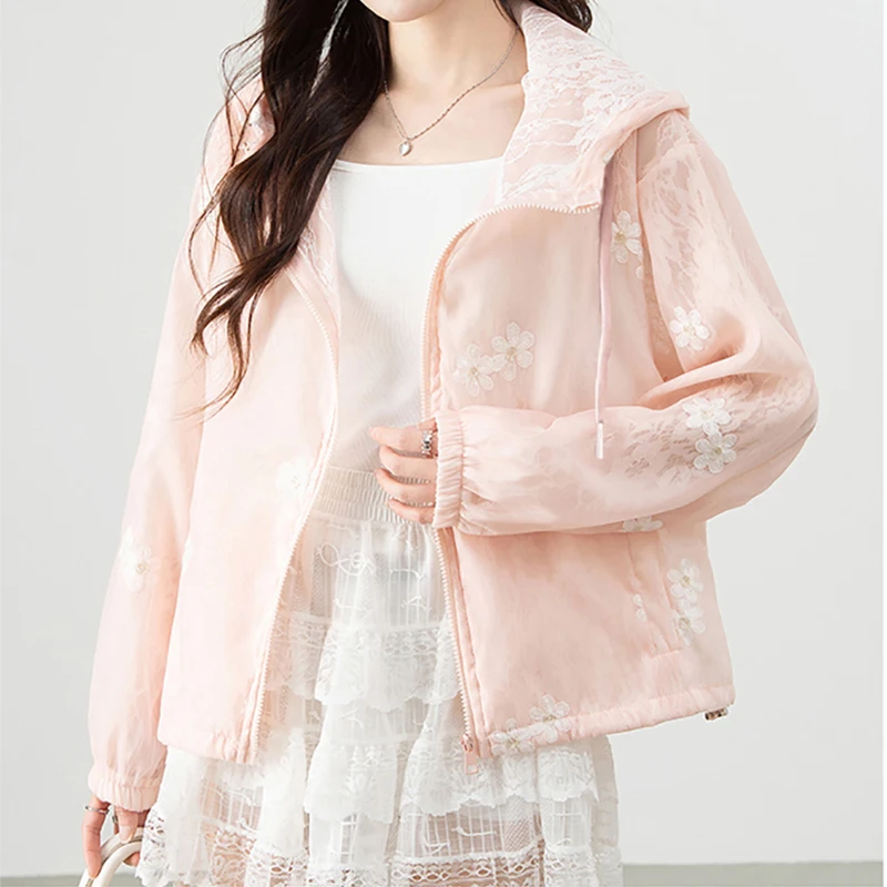 

Women Lace Patchwork Zipper Sun Protection Coat Women's Clothing 2025 Elegant Design Long Sleeve Loose Fit Jacket Floral Coat