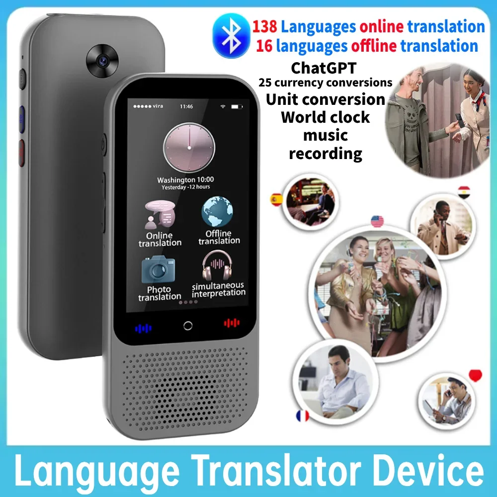 Portable Language Translator Device 138 Languages Voice Translating 16 Offline Translation ChatGPT Function 3in HD Touch Screen