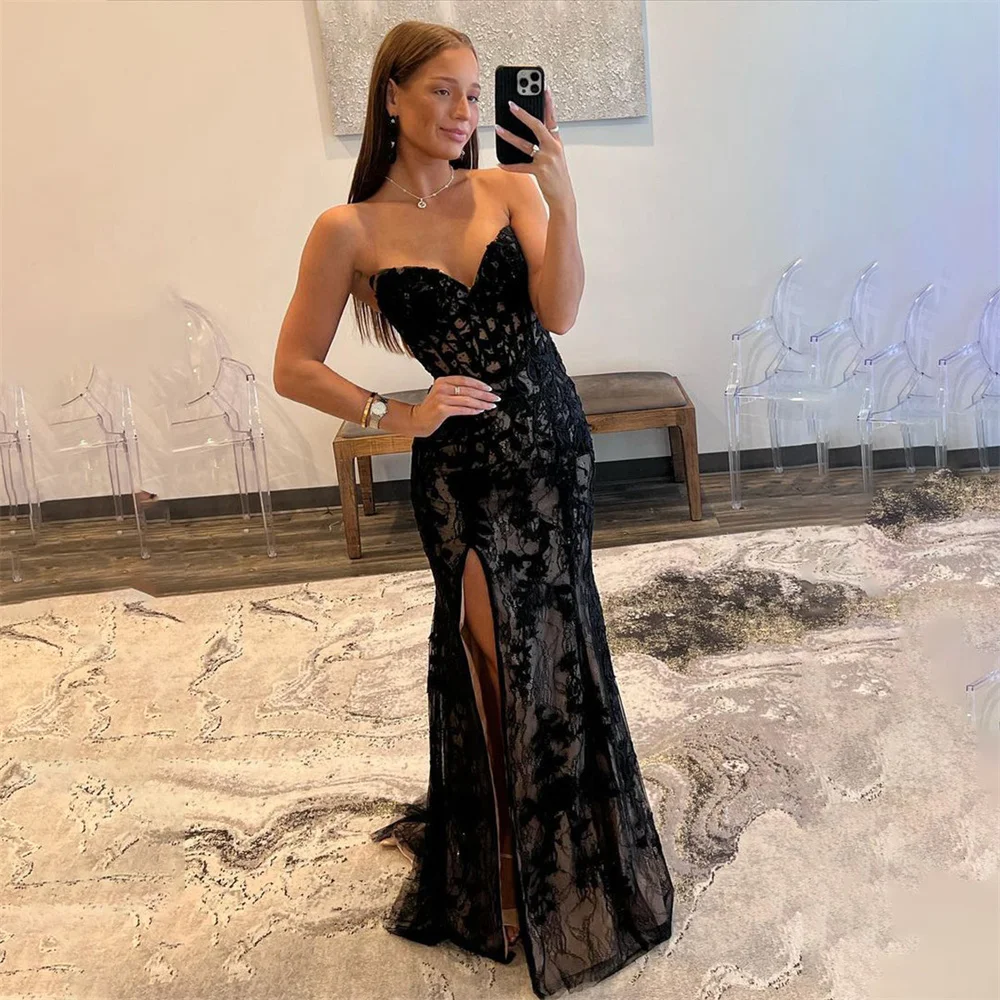 Lily Charming Mermaid Elegant Sexy Black Wedding Party Dress Celebrity Dresses Lace Long Special Occasion Dresses with Slit