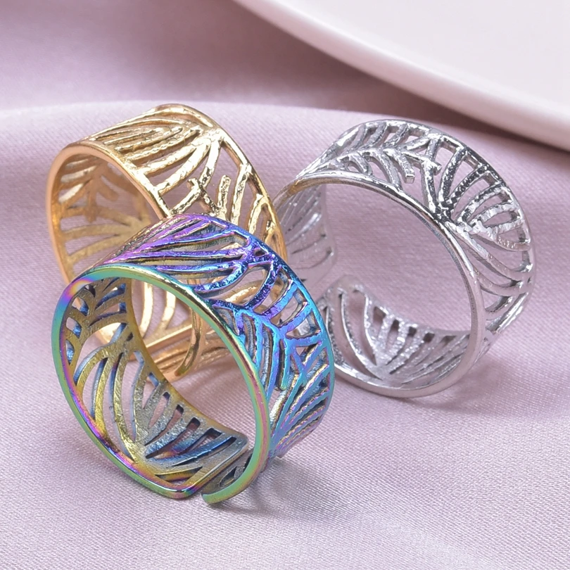 Plant Jewelry Fashion Leaf Flower Ring Open Adjustable Stainless Steel Rings For Women Men Bague Acier Inoxydables Femme Party