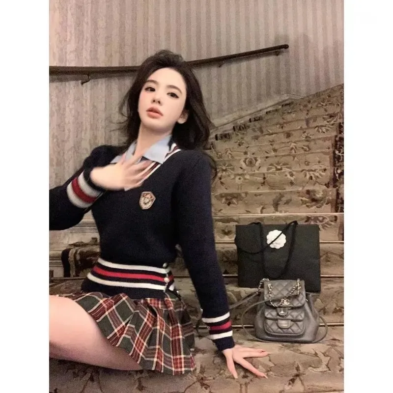 

Женская одежда, весенне-осенний модный корейский повседневный однотонный вязаный женский модный свободный свитер с v-образным вырезом, пуловеры, топ Te