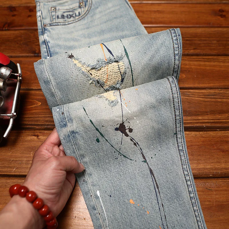 Ripped patch jeans for men, slim fit with small feet, splashed ink print, washed retro nostalgic fashion pants
