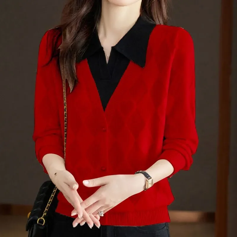 

Red V Neck Knit Sweater With Black Collar For Women Office Wear Elegant Slim Fit Long Sleeve Autumn Winter Style