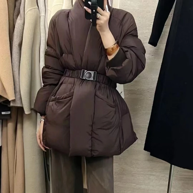 Fashion 2024 Winter New Belt Waist-Tight Elegant Socialite Warm Down Jacket Long Sleeve Solid Color V-neck Coat Feminine Tops