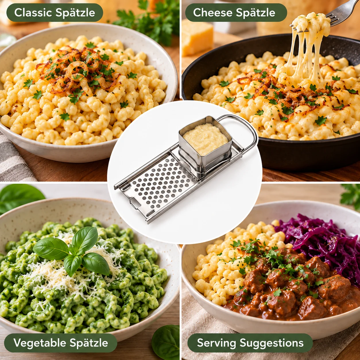 Stainless Steel Spaetzle Maker with Removable Sliding Hopper, German Spatzle Knöpfle Dumpling Grater, Manual Pasta Making Tool