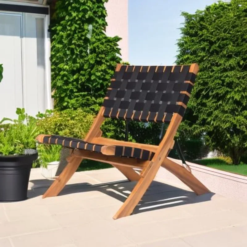 كرسي فناء قابل للطي من خشب السنط، مقعد خارجي محمول لشرفة الحديقة. كرسي ويب للشاطئ والتخييم والسفر. #1