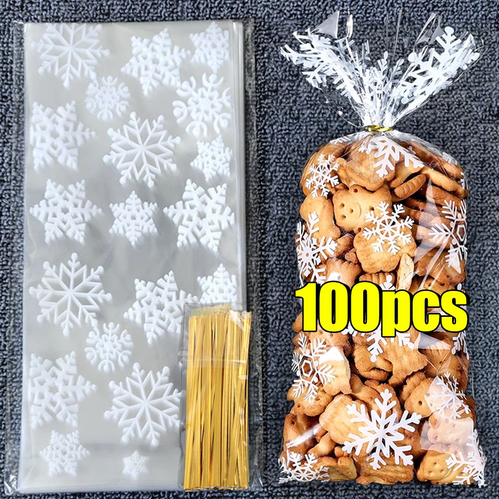 Snowflake Candy Bags Christmas Transparent Cookie Popcorn Packaging Plastic Bag Xmas Party Decorations Gift Bags for Children