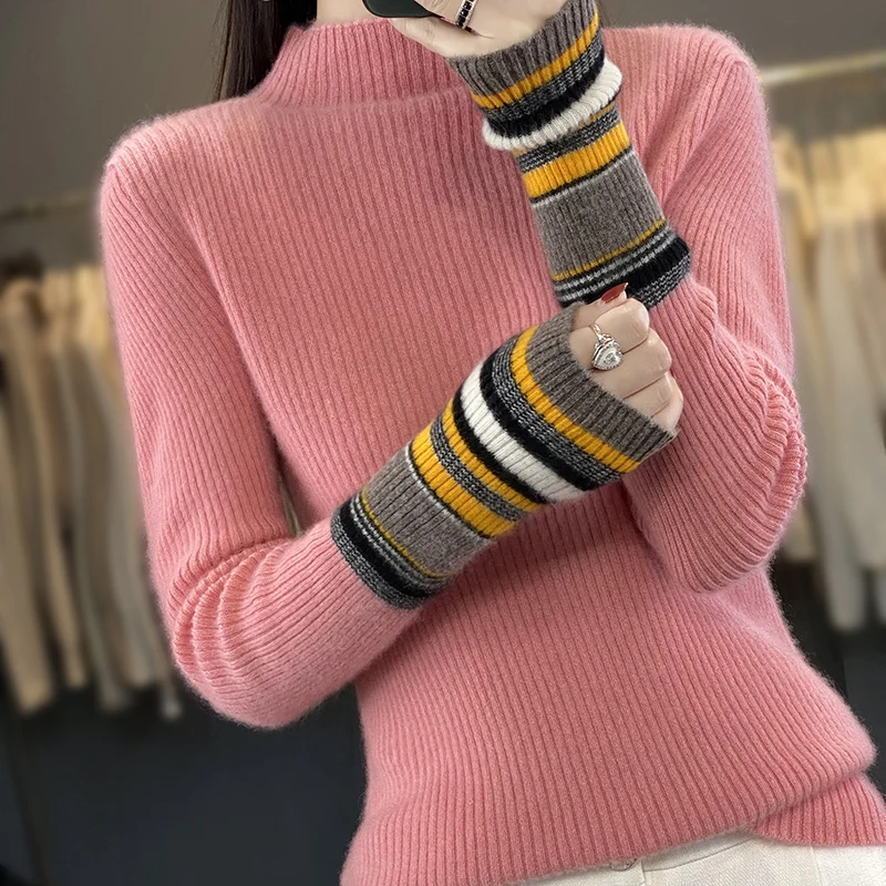 BELIARST 2023 New 100% Merino Wool Sweater Women's Clothes Half High Collar Striped Cuffs Stripe Ethnic Knit Pullover M-8156